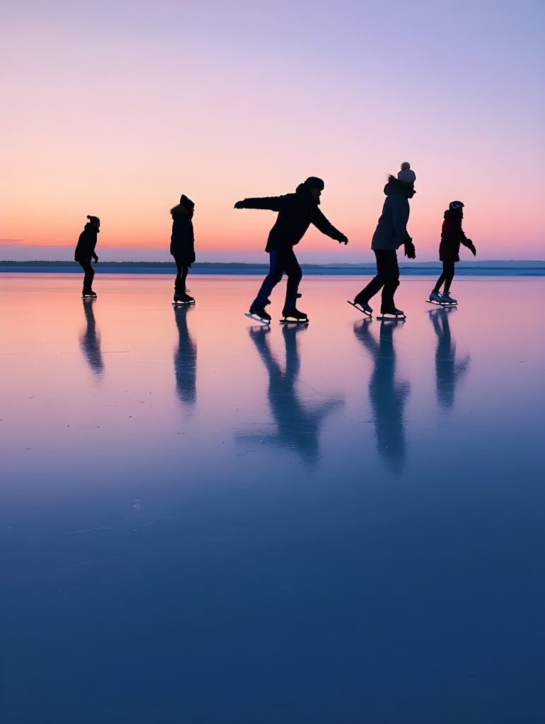 Silhouetted group of people ice skating on a frozen lake during a vibrant twilight.
